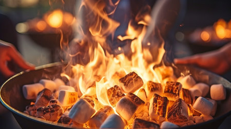 Friends holding hands while cooking marshmallows over the fire in a close-up grill shot.の素材