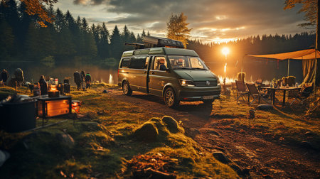 Wide perspective shot of young people having fun outside while camped out in a van in the woods, with copy space.の素材