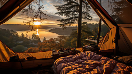dawn view of a tent.の素材