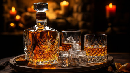 a decanter filled with brandy or whiskey. with an oak barrel in the backdrop. Detailed side view.の素材