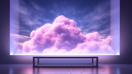 3D rendering; basic geometric wallpaper; abstract minimalist backdrop with pastel clouds and blank linear square frame blazing with neon light.の素材