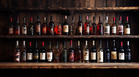 Red wine bottles resting on a wooden shelf. backdrop banner for a business, bar, or vineyard.の素材