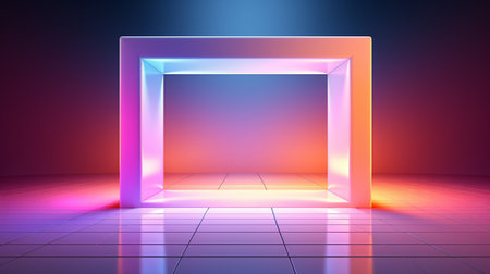 3D rendering; basic geometric wallpaper; abstract minimalist backdrop with pastel clouds and blank linear square frame blazing with neon light.の素材