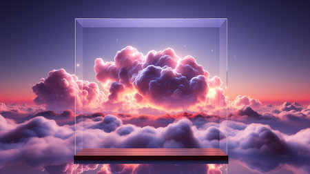 3D rendering; basic geometric wallpaper; abstract minimalist backdrop with pastel clouds and blank linear square frame blazing with neon light.の素材