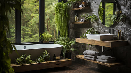White and bright bathroom with a rich forest theme of green vegetation.の素材