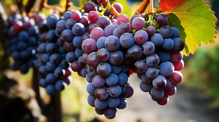 A cluster of ripe, delicious blue grapes in a vineyard.の素材