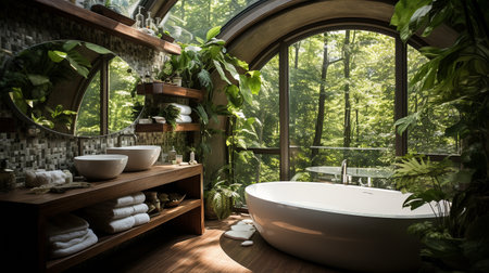 White and bright bathroom with a rich forest theme of green vegetation.の素材