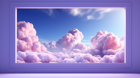3D rendering; basic geometric wallpaper; abstract minimalist backdrop with pastel clouds and blank linear square frame blazing with neon light.の素材