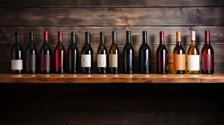 Red wine bottles resting on a wooden shelf. backdrop banner for a business, bar, or vineyard.の素材
