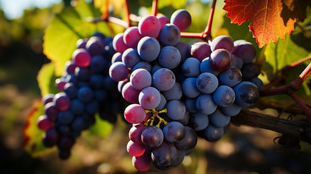 A cluster of ripe, delicious blue grapes in a vineyard.の素材