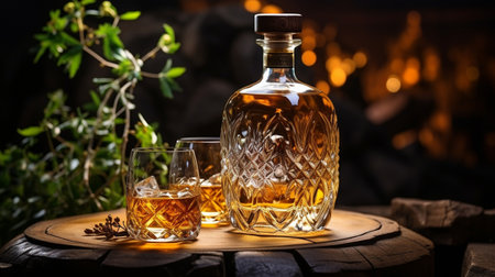 a decanter filled with brandy or whiskey. with an oak barrel in the backdrop. Detailed side view.の素材