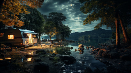 A starry sky, a lighted caravan, and trees in the river during a summer night for camping. Visitors set up camp outside.の素材