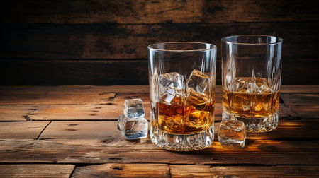 Scotch with copyspace on a hardwood backdrop. An ancient and vintage countertop with highlight and a tumbler of heavy liquor.の素材