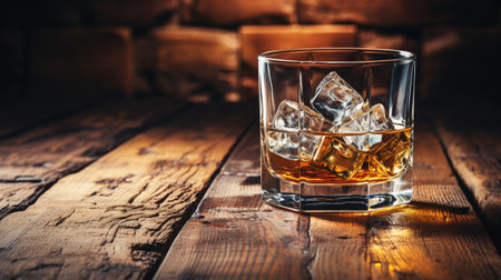 Scotch with copyspace on a hardwood backdrop. An ancient and vintage countertop with highlight and a tumbler of heavy liquor.の素材