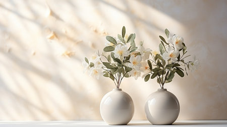 A minimalist interior featuring light white decor and white flowers in pots against a sunny window. Vivid Tone.の素材