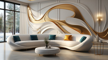 Wall Decals for 3D Abstraction that are Creative and Modern. 3D Luxury Three-dimensional Background in White and Gold.の素材