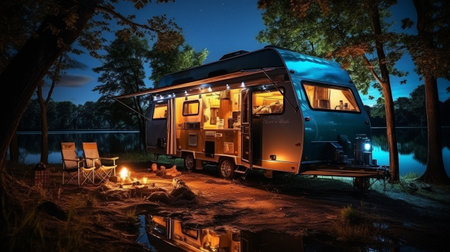 A starry sky, a lighted caravan, and trees in the river during a summer night for camping. Visitors set up camp outside.の素材