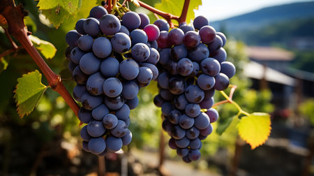 A cluster of ripe, delicious blue grapes in a vineyard.の素材