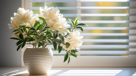 A minimalist interior featuring light white decor and white flowers in pots against a sunny window. Vivid Tone.の素材