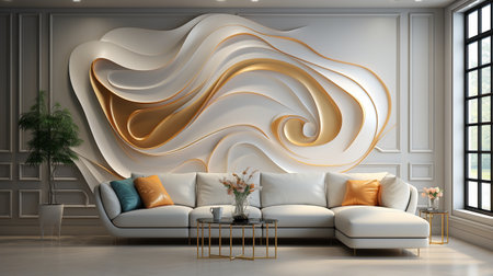 Wall Decals for 3D Abstraction that are Creative and Modern. 3D Luxury Three-dimensional Background in White and Gold.の素材