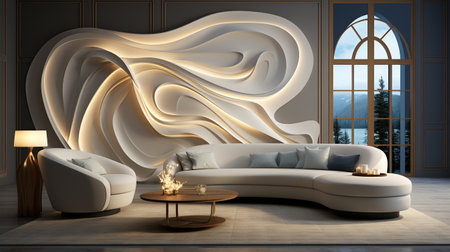 Wall Decals for 3D Abstraction that are Creative and Modern. 3D Luxury Three-dimensional Background in White and Gold.の素材