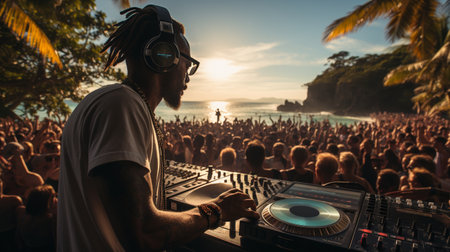 On a tropical beach, a dark-skinned DJ performs for a boisterous audience. on a tropical beach, a dark-skinned DJ spinning tunes for an enthusiastic audience.の素材