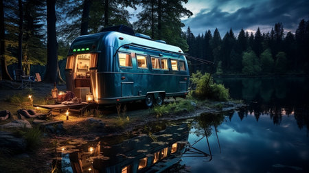 A starry sky, a lighted caravan, and trees in the river during a summer night for camping. Visitors set up camp outside.の素材