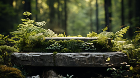 Stone Podium Against Green Forest for Eco Product Presentation Filled with Green and Down Plants.の素材