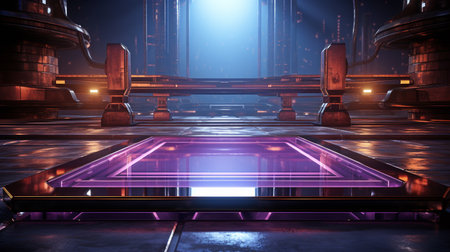 Technological futuristic cyberpunk display, sci-fi gaming stage pedestal background, and neon light stand podium for a product are depicted in a 3D artwork.の素材
