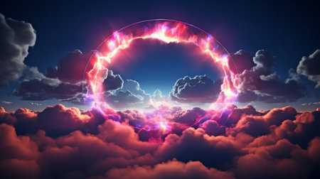 3D render of an abstract cloud over a pitch-black night sky with neon light rings illuminating it. Round frame, glowing geometric form.の素材