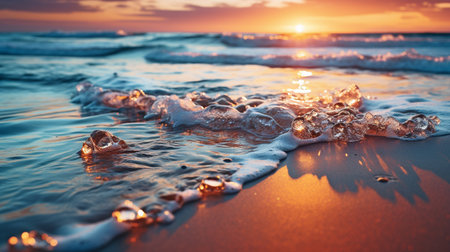 Abstract sunny beach with vibrant blurred bokeh backdrop and retro feel. Autumn sunset sky with blue, white, and a peaceful orange tint.の素材