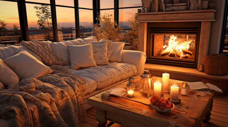 a warm living area including a coffee table and a fireplace.の素材