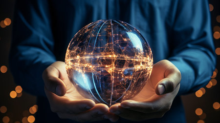 Entrepreneurs possessing a worldwide network that links social future, communication technologies. Future digital connection technology in the palm virtual environment.の素材