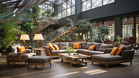 a serene image of an open-plan workplace including a seating area with plush couches and houseplants. It promotes work-life balance and employee well-being.の素材