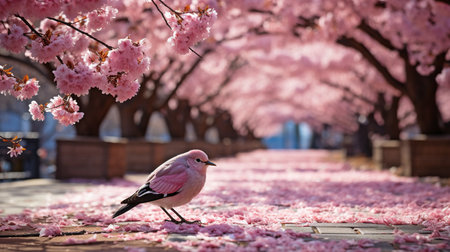 With the sky in the background of spring and cherry trees in full bloom along a tree-lined avenue, birds are enjoying nectar from pollen.の素材