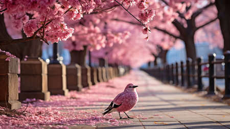 With the sky in the background of spring and cherry trees in full bloom along a tree-lined avenue, birds are enjoying nectar from pollen.の素材