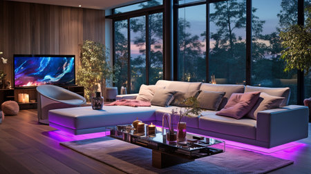 Interior color LED lights for a home theater or living room.の素材