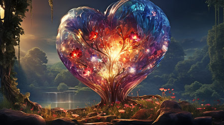 Green woodland landscape, beam of light, colorful fantasy heart.の素材