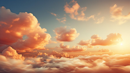 Warm hues and brilliant sunlight are blurred by the natural background. Orange light patterns in a sunny sky with simple abstract flares in the evening clouds blur.の素材
