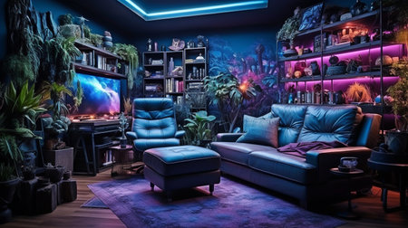 Interior of a neon-lit, multicolored, contemporary gaming area. viewing movies, engaging in hobbies, amusement, and gaming concepts.の素材