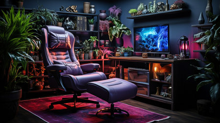 Interior of a neon-lit, multicolored, contemporary gaming area. viewing movies, engaging in hobbies, amusement, and gaming concepts.の素材