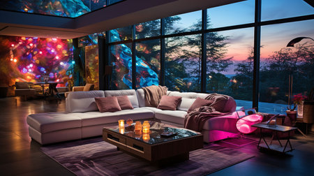 Interior color LED lights for a home theater or living room.の素材