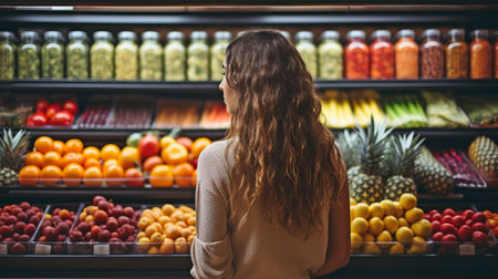 rear view of a young lady at a grocery shop, examining a bottle of juice.の素材