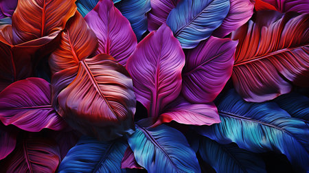Tropical leaf-inspired brilliant color arrangement. Neon flat lay hues. Nature idea.の素材