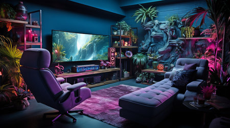 Interior of a neon-lit, multicolored, contemporary gaming area. viewing movies, engaging in hobbies, amusement, and gaming concepts.の素材