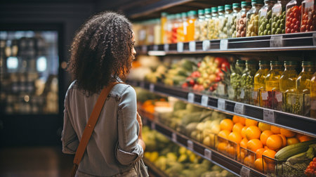 A lady evaluating items in a grocery store, taking costs, ingredients, and nutrition into account, exemplifying knowledgeable shopping.の素材