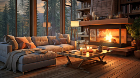 a warm living area including a coffee table and a fireplace.の素材