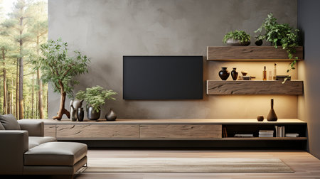 A contemporary living area with a television and minimalist interior design.の素材