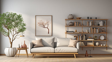 Contemporary Scandinavian living area including a bookcase on the white wall, coffee table, and sofa with a sophisticated blanket. Dark-hued parquet flooring. idea for a simple living space.の素材