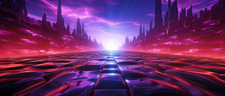 3D render with a tunnel bend and an abstract panoramic background. UV-luminous neon beams and lines that are bright purple pink.の素材